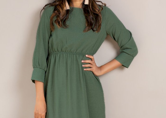 CUFF SLEEVE WAIST GATHER MAXI DRESS