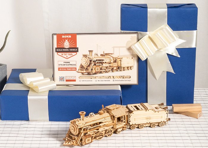 Robotime Rokr DIY 308pcs Laser Cutting Movable Steam Train Wooden Model Building Kits Assembly Toy Gift for Children Adult MC501