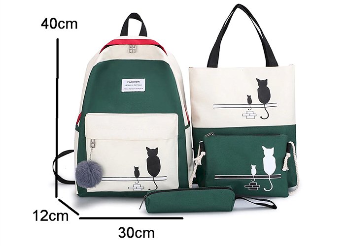 4Pcs/Set Panelled Women Backpack Canvas Cat Pattern School Bag For Girl Patchwork Backpack Female Shoulder Bag WLHB2065