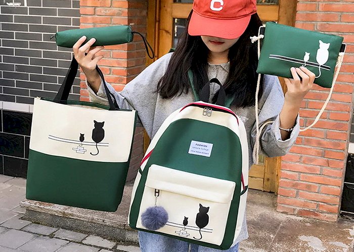 4Pcs/Set Panelled Women Backpack Canvas Cat Pattern School Bag For Girl Patchwork Backpack Female Shoulder Bag WLHB2065