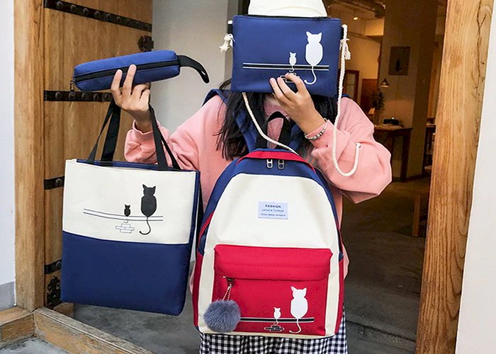 4Pcs/Set Panelled Women Backpack Canvas Cat Pattern School Bag For Girl Patchwork Backpack Female Shoulder Bag WLHB2065