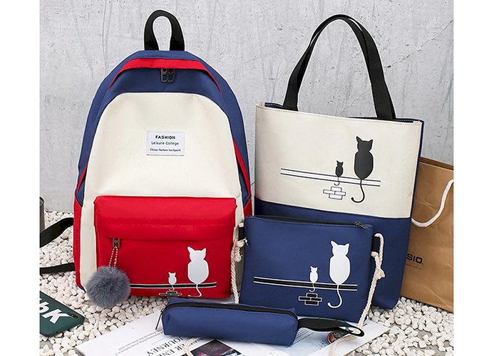 4Pcs/Set Panelled Women Backpack Canvas Cat Pattern School Bag For Girl Patchwork Backpack Female Shoulder Bag WLHB2065