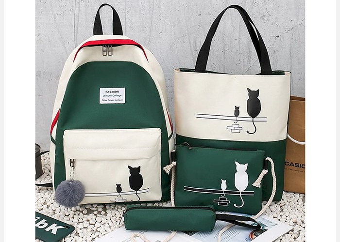 4Pcs/Set Panelled Women Backpack Canvas Cat Pattern School Bag For Girl Patchwork Backpack Female Shoulder Bag WLHB2065