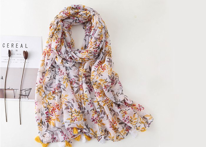 Women Spring Cotton Tassel Shawl Floral Voile Korean Style Long Pashmina Wrap Thin Sun Protection Summer Soft Scarf