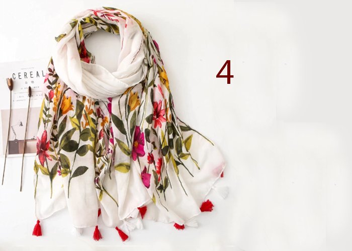 Women Spring Cotton Tassel Shawl Floral Voile Korean Style Long Pashmina Wrap Thin Sun Protection Summer Soft Scarf