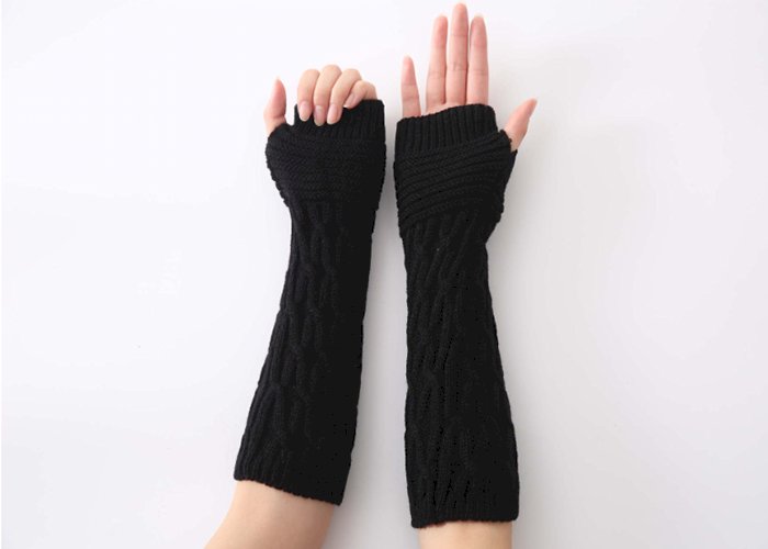 Women Fingerless Mittens Stripe Twist Solid Color Warm Knitted Long Glove Autumn Winter Arm Sleeves Wrist Protector 30cm