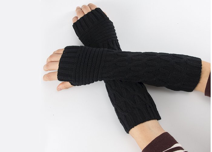 Women Fingerless Mittens Stripe Twist Solid Color Warm Knitted Long Glove Autumn Winter Arm Sleeves Wrist Protector 30cm