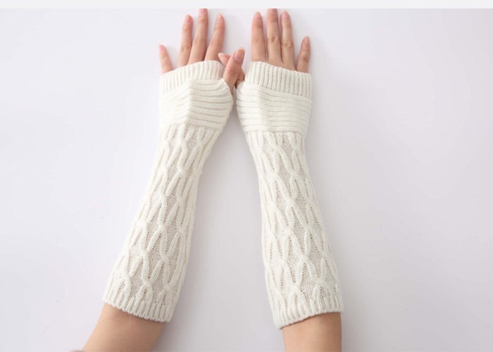 Women Fingerless Mittens Stripe Twist Solid Color Warm Knitted Long Glove Autumn Winter Arm Sleeves Wrist Protector 30cm