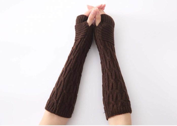 Women Fingerless Mittens Stripe Twist Solid Color Warm Knitted Long Glove Autumn Winter Arm Sleeves Wrist Protector 30cm